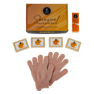 Complete Skinsual Face & Body Bar Kit with four soap options, exfoliating gloves, and a Vitamin C serum for targeted skin lightening and daily care.