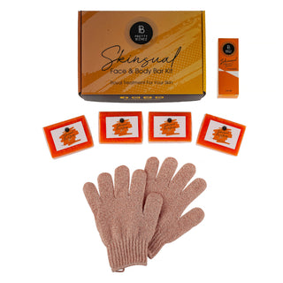 Complete Skinsual Face & Body Bar Kit with four soap options, exfoliating gloves, and a Vitamin C serum for targeted skin lightening and daily care.