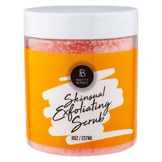 Skinsual exfoliating scrub in 6 oz container for brightening and smoothing skin.