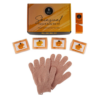 Complete Skinsual Face & Body Bar Kit with four soap options, exfoliating gloves, and a Vitamin C serum for targeted skin lightening and daily care.